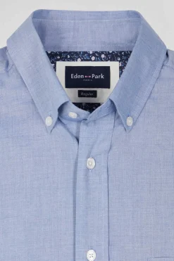 Regular sky blue cotton denim shirt with printed elbow patches