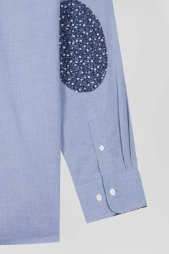Regular sky blue cotton denim shirt with printed elbow patches