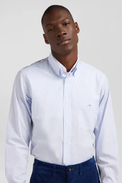 Regular sky blue cotton jacquard shirt with baton stripes