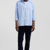 Regular sky blue cotton poplin shirt with button-down collar and printed elbow patches
