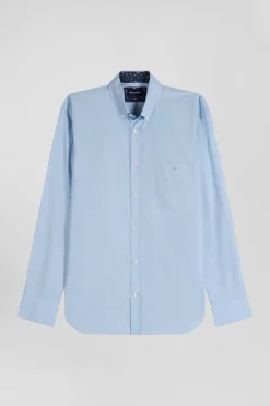 Regular sky blue cotton poplin shirt with button-down collar and printed elbow patches