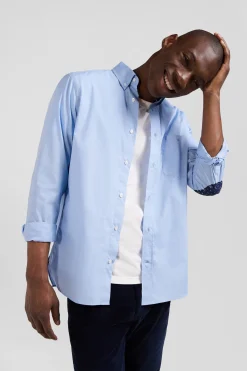 Regular sky blue cotton poplin shirt with button-down collar and printed elbow patches