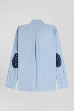Regular sky blue cotton poplin shirt with button-down collar and printed elbow patches