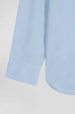 Regular sky blue cotton poplin shirt with button-down collar and printed elbow patches