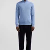 Regular sky blue cotton semi-zipped jumper
