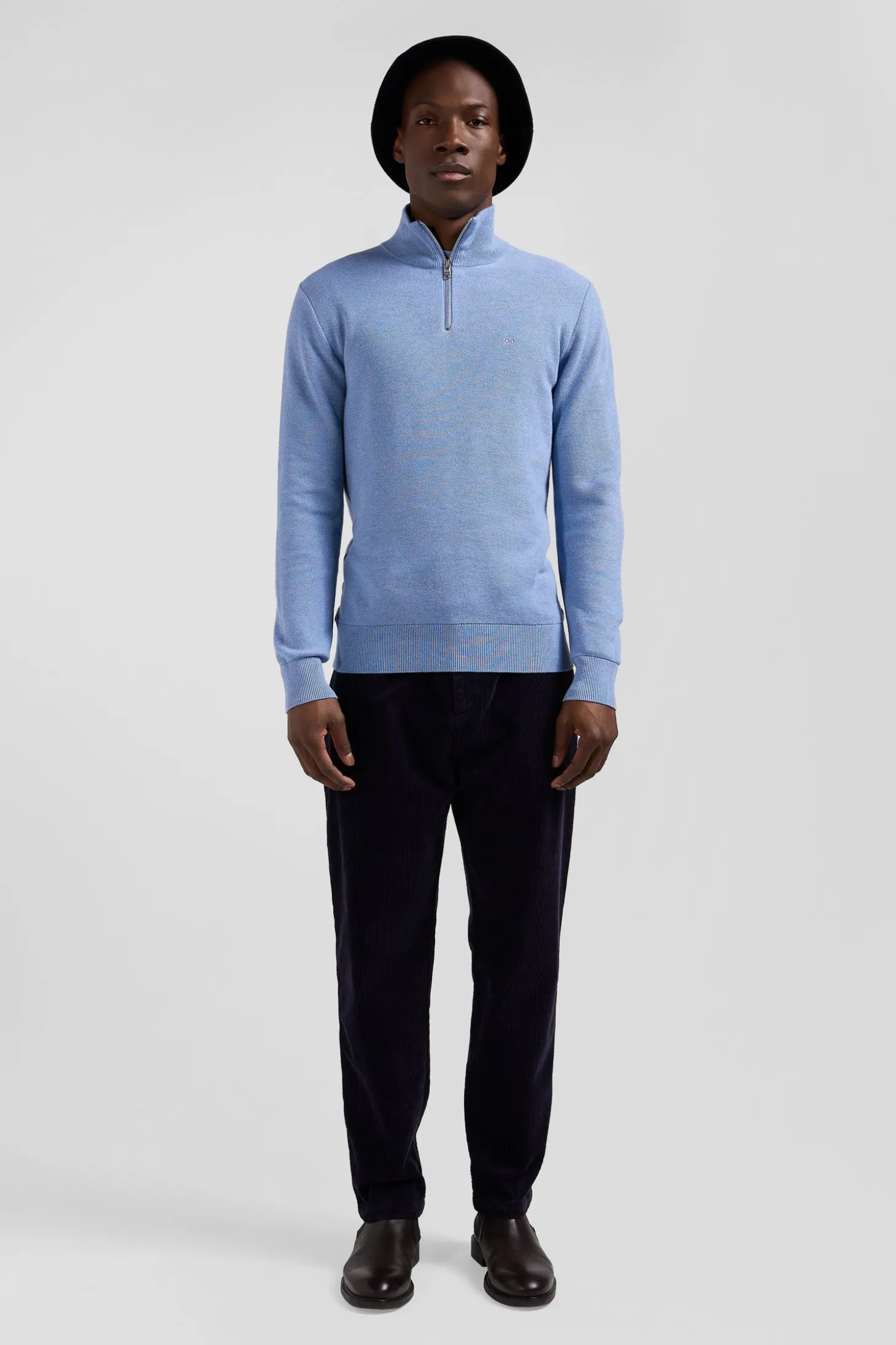 Regular sky blue cotton semi-zipped jumper