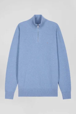 Regular sky blue cotton semi-zipped jumper