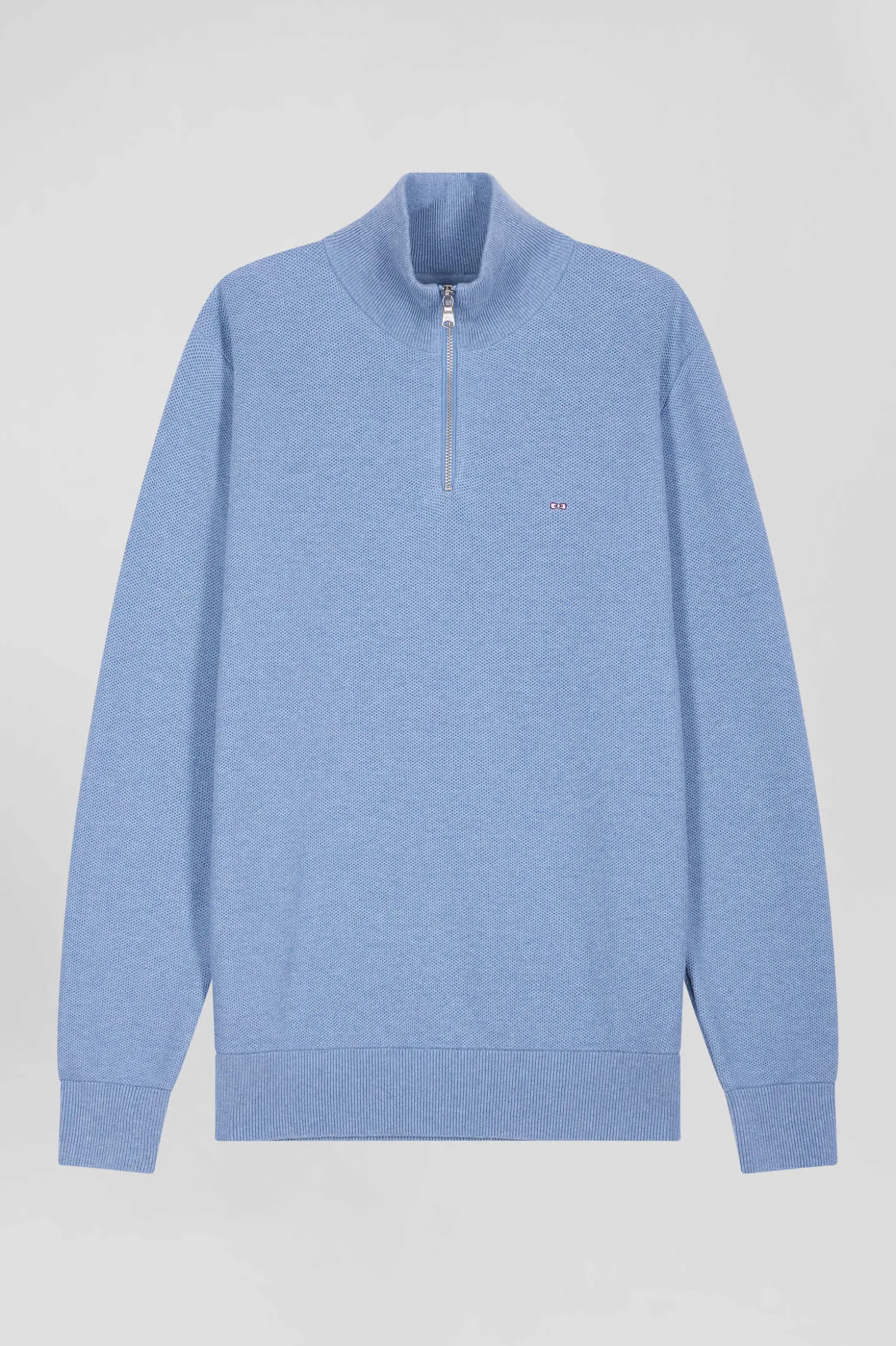 Regular sky blue cotton semi-zipped jumper