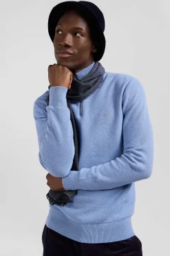 Regular sky blue cotton semi-zipped jumper
