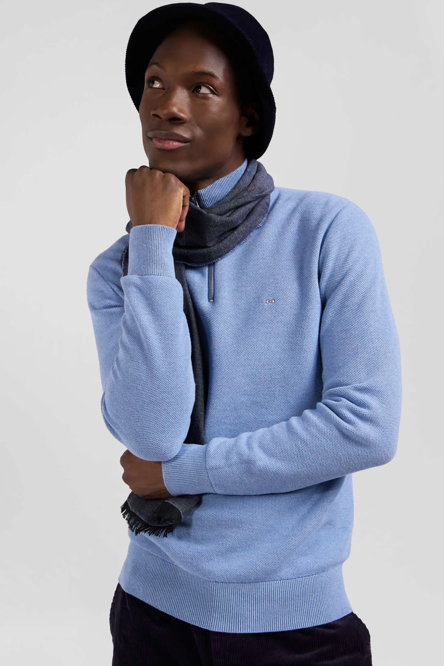 Regular sky blue cotton semi-zipped jumper