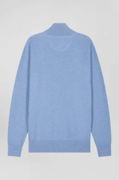Regular sky blue cotton semi-zipped jumper