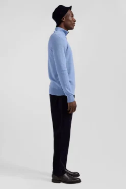 Regular sky blue cotton semi-zipped jumper