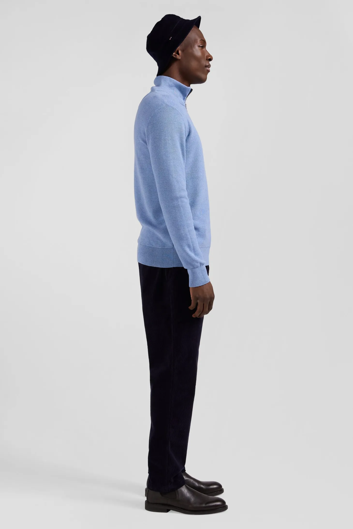 Regular sky blue cotton semi-zipped jumper