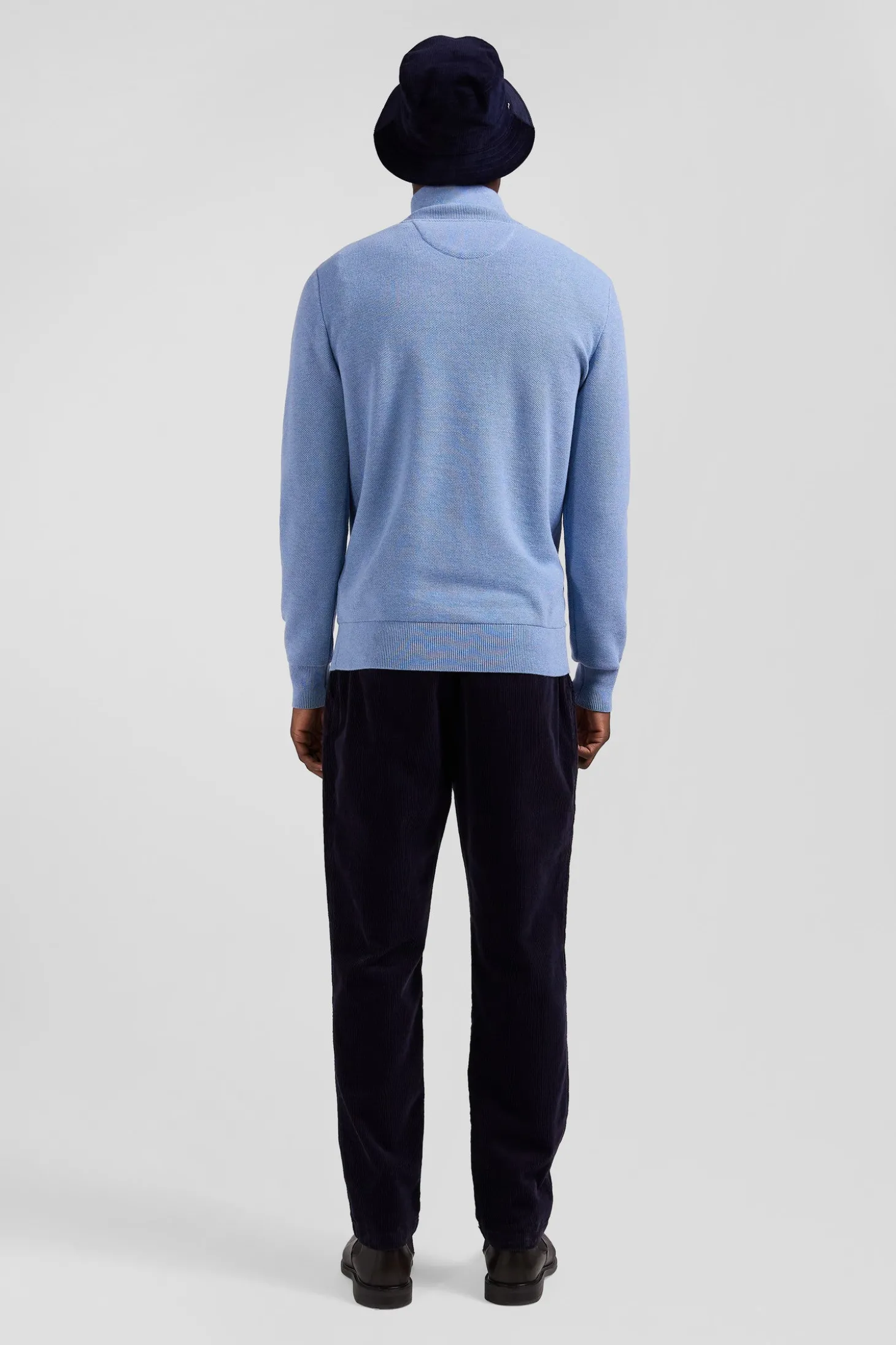 Regular sky blue cotton semi-zipped jumper