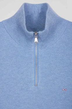 Regular sky blue cotton semi-zipped jumper