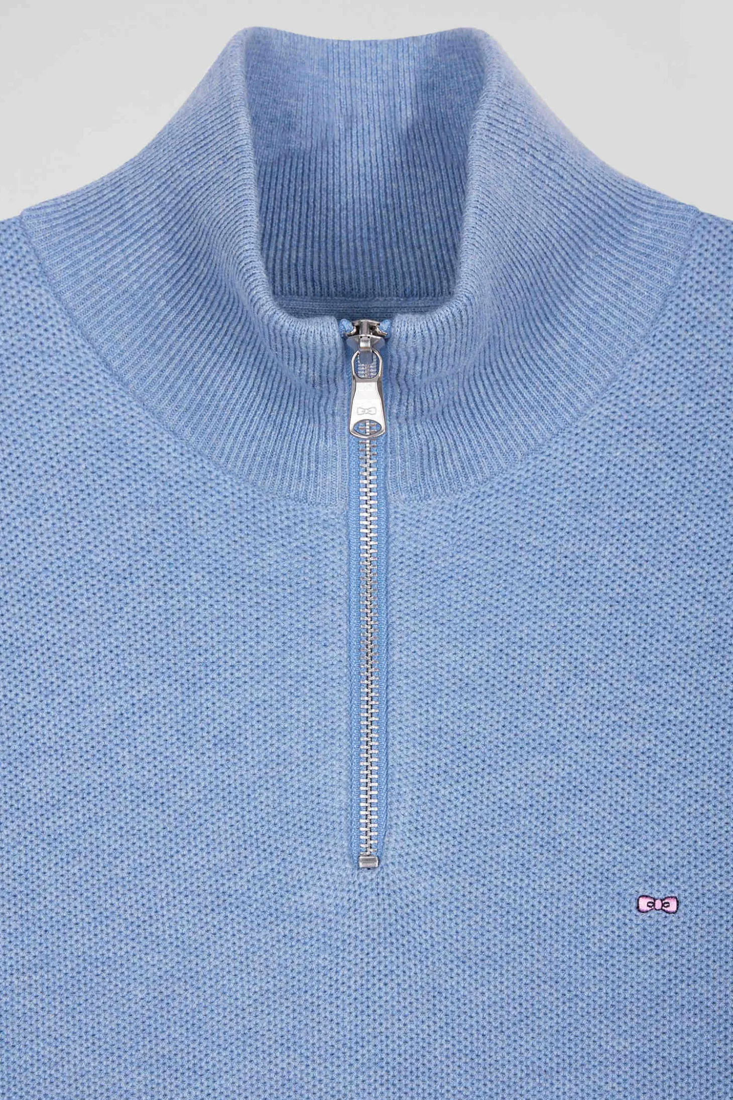 Regular sky blue cotton semi-zipped jumper