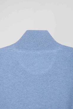 Regular sky blue cotton semi-zipped jumper