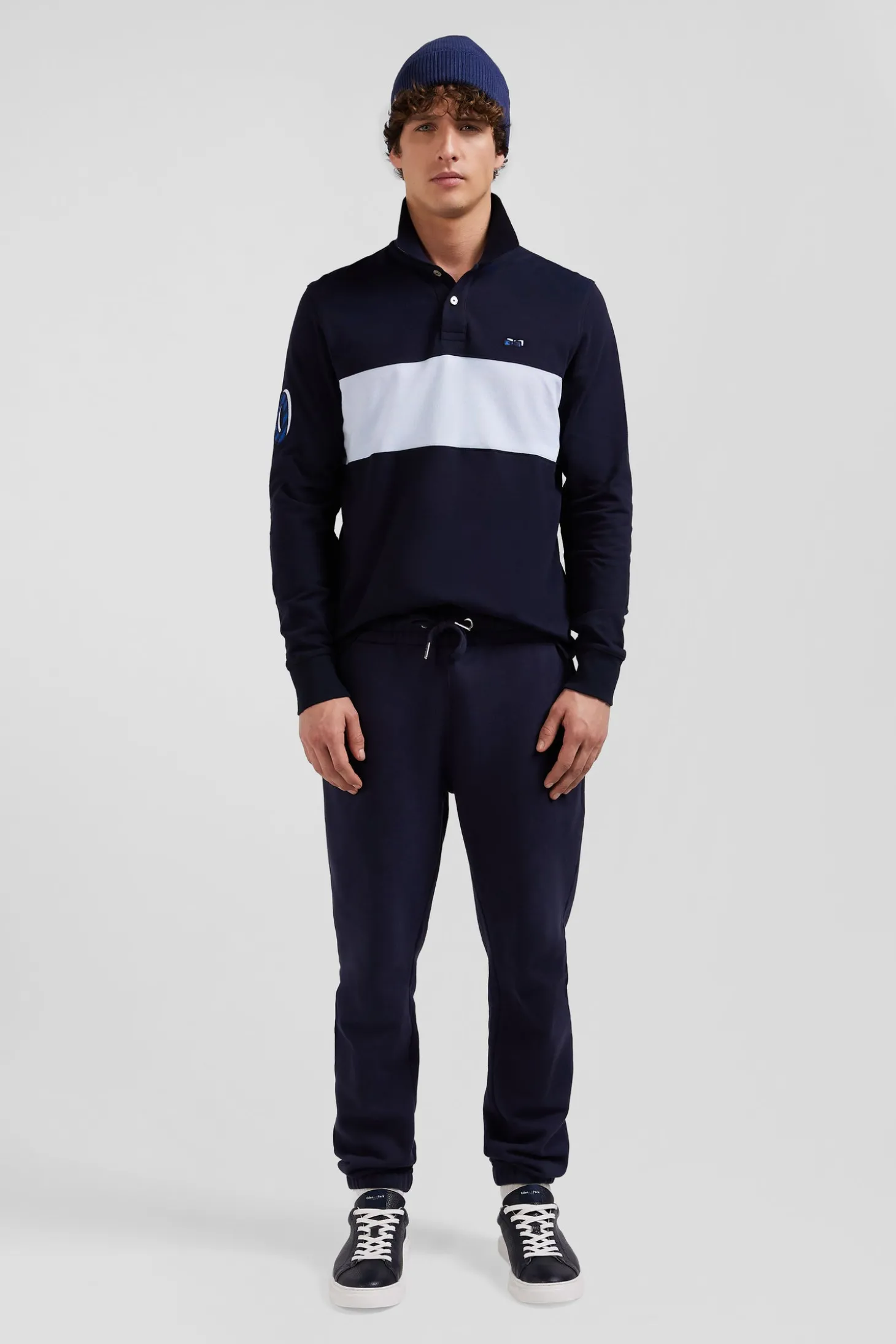 Regular sky blue long-sleeved cotton piqué polo shirt with sleeve embroidery