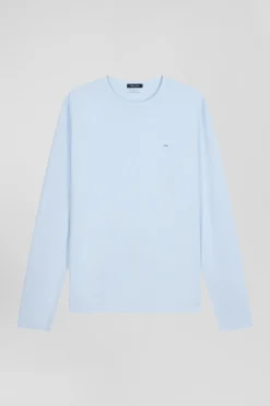 Regular sky blue long-sleeved cotton T-shirt