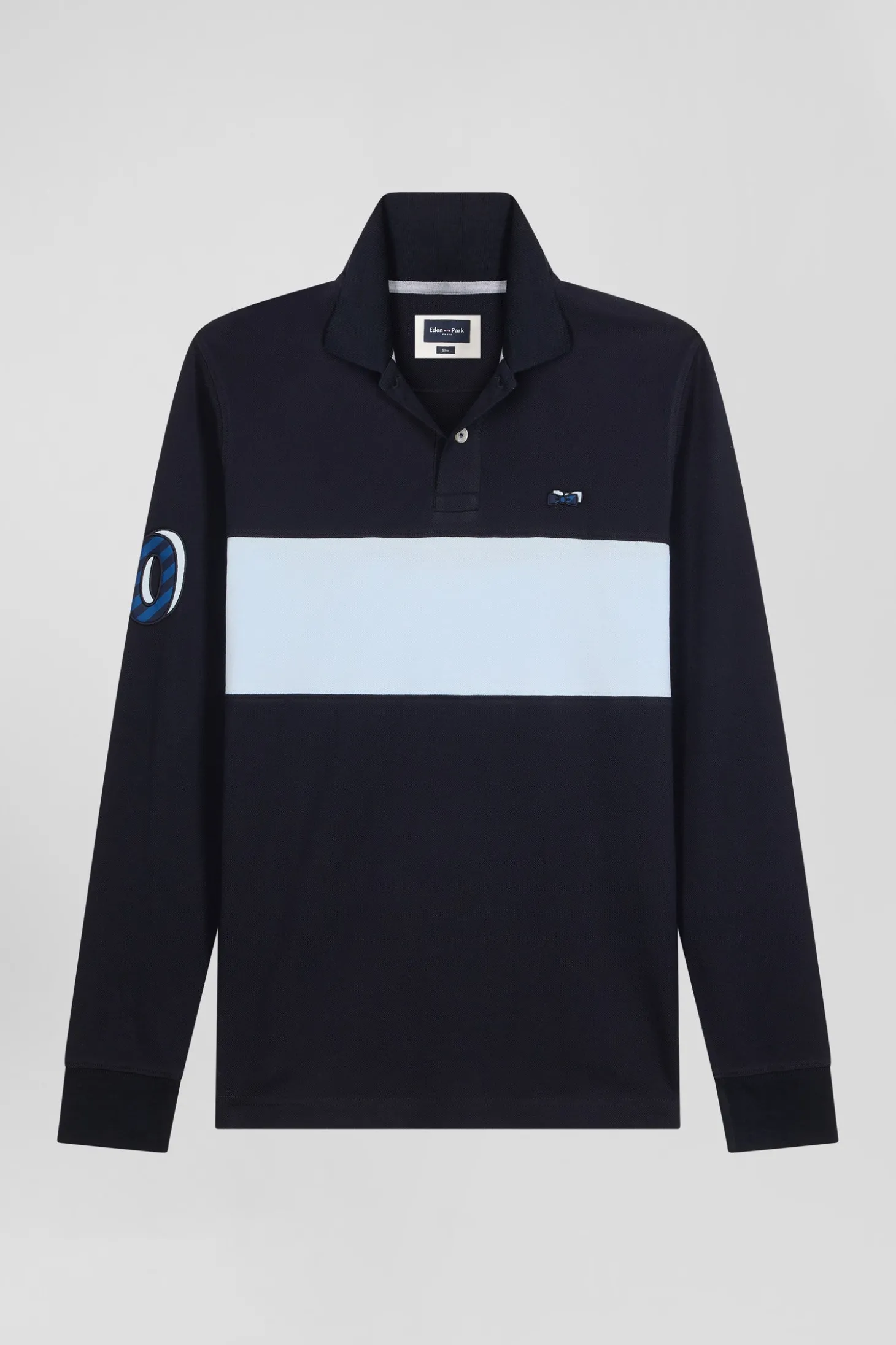 Regular sky blue long-sleeved cotton piqué polo shirt with sleeve embroidery