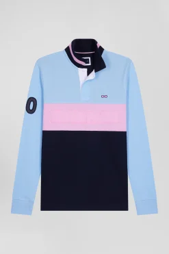 Regular sky blue long-sleeved cotton piqué polo shirt with padded embroidery