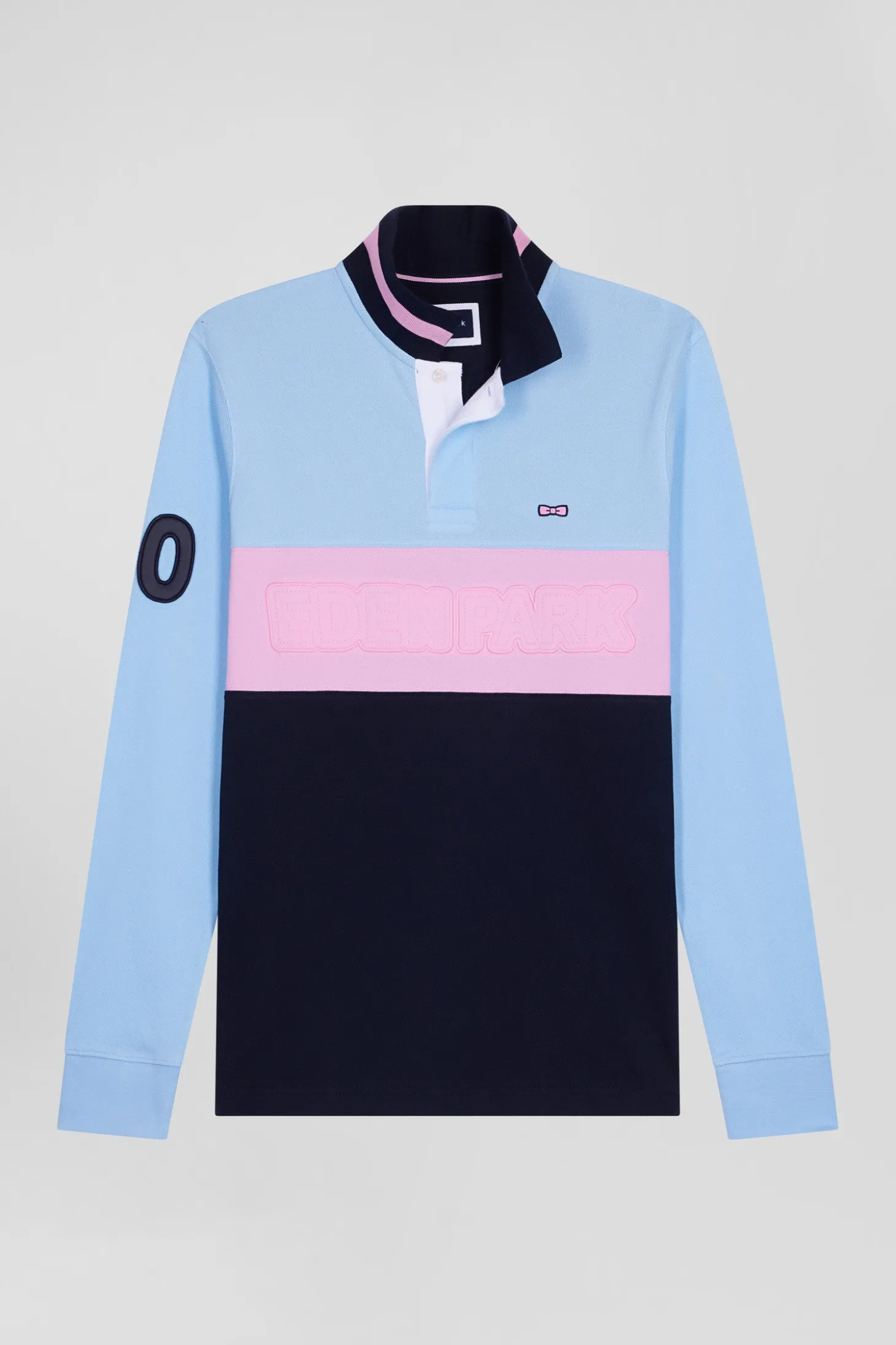 Regular sky blue long-sleeved cotton piqué polo shirt with padded embroidery