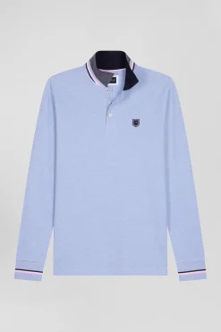 Regular sky blue long-sleeved cotton piqué polo shirt with rubber badge