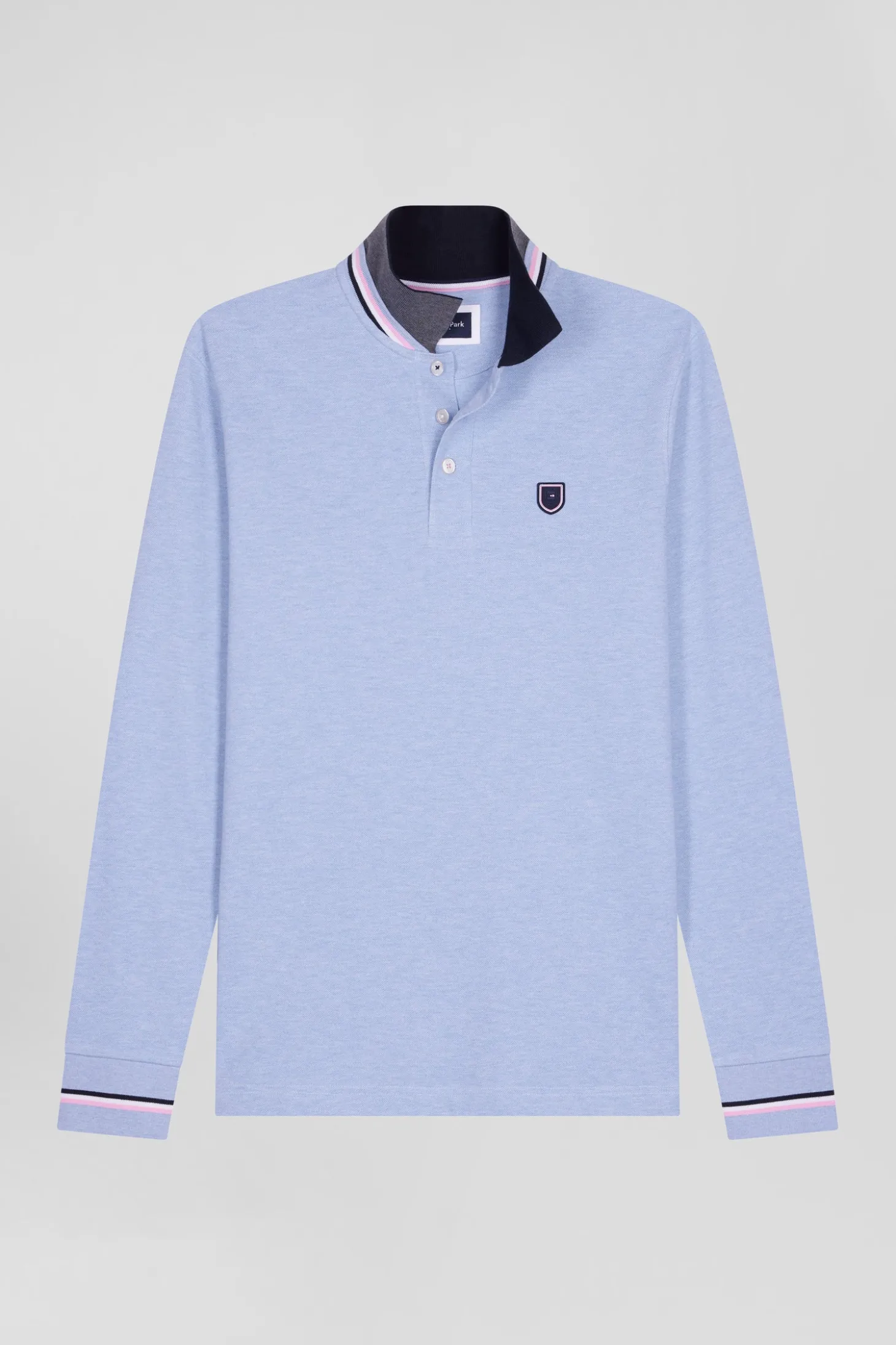 Regular sky blue long-sleeved cotton piqué polo shirt with rubber badge
