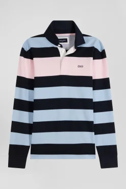 Regular sky blue long-sleeved striped cotton rugby shirt
