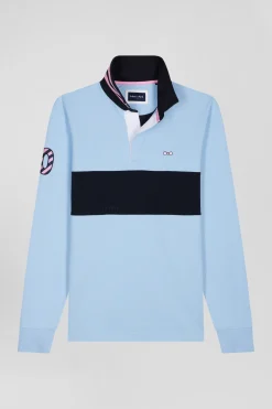 Regular sky blue long-sleeved cotton rugby shirt with sleeve N°10 embroidery