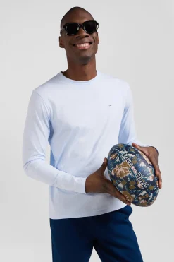 Regular sky blue long-sleeved cotton T-shirt