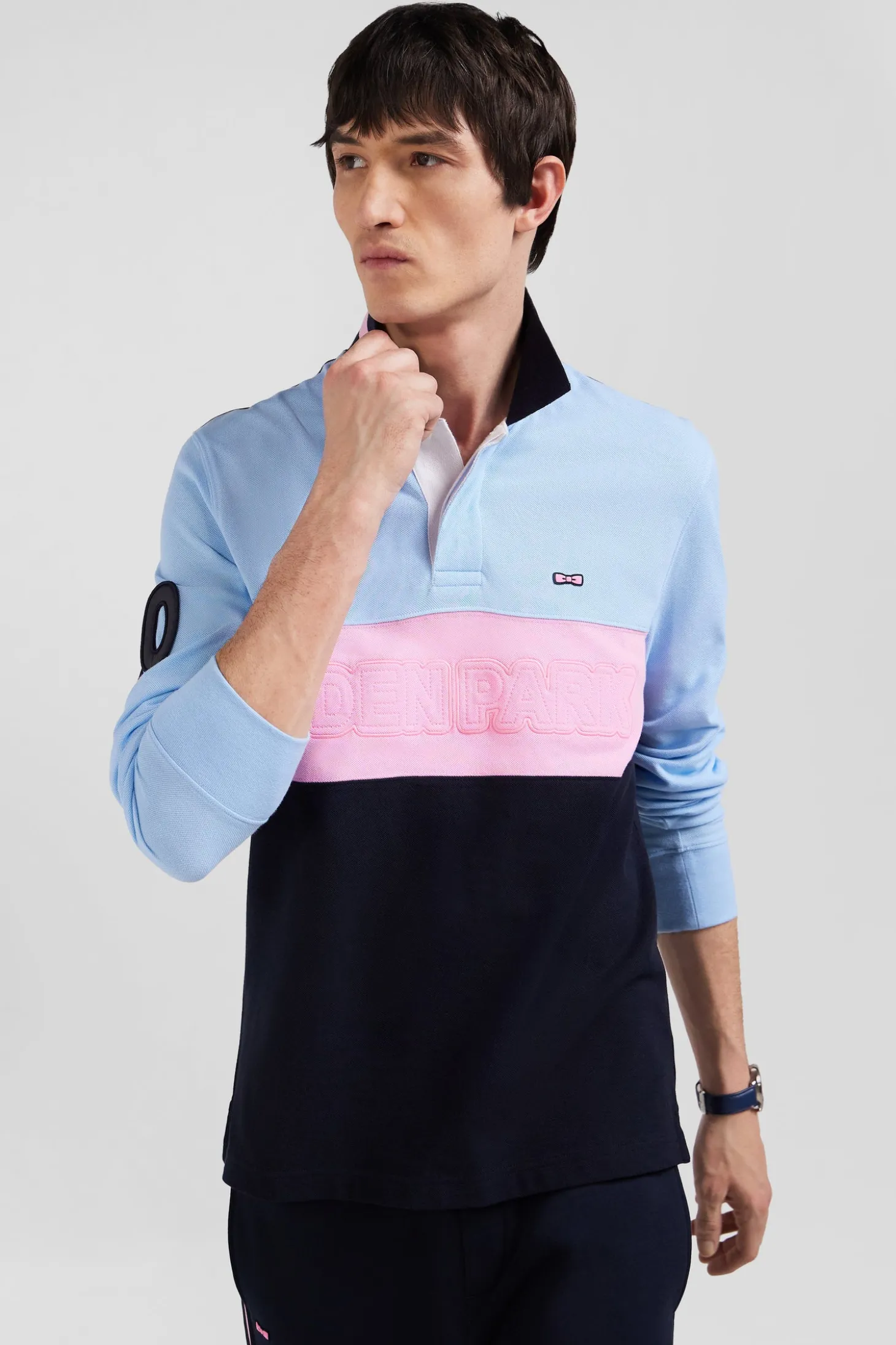 Regular sky blue long-sleeved cotton piqué polo shirt with padded embroidery