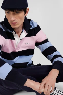 Regular sky blue long-sleeved striped cotton rugby shirt