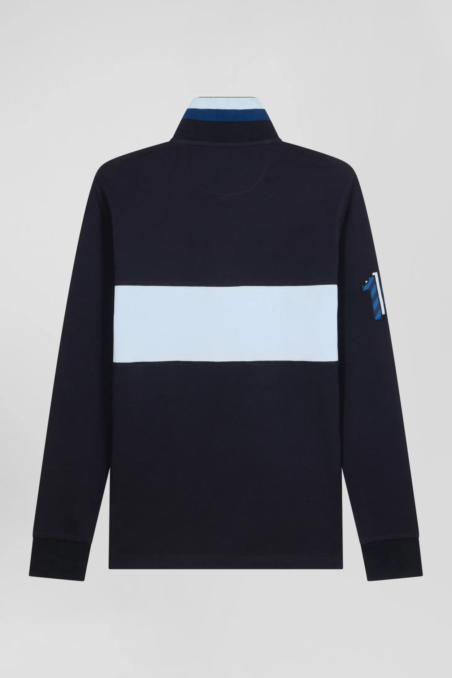 Regular sky blue long-sleeved cotton piqué polo shirt with sleeve embroidery