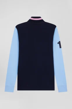 Regular sky blue long-sleeved cotton piqué polo shirt with padded embroidery