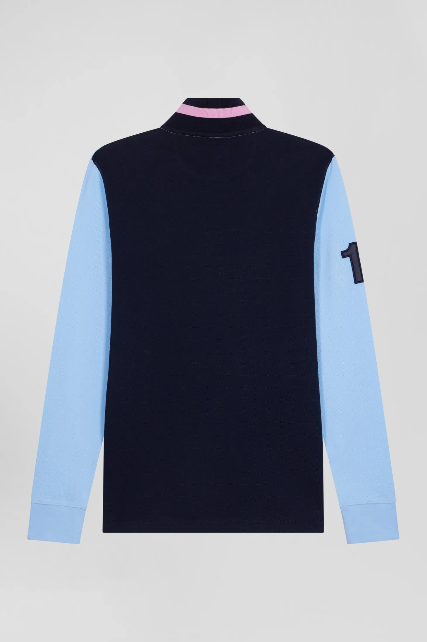 Regular sky blue long-sleeved cotton piqué polo shirt with padded embroidery