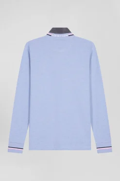 Regular sky blue long-sleeved cotton piqué polo shirt with rubber badge