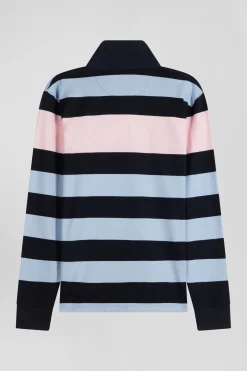 Regular sky blue long-sleeved striped cotton rugby shirt