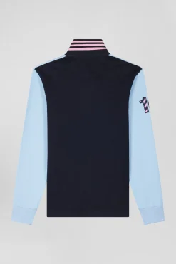 Regular sky blue long-sleeved cotton rugby shirt with sleeve N°10 embroidery