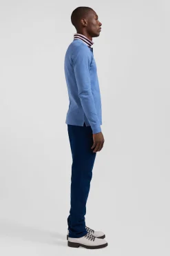 Regular sky blue long-sleeved cotton piqué polo shirt with striped collar
