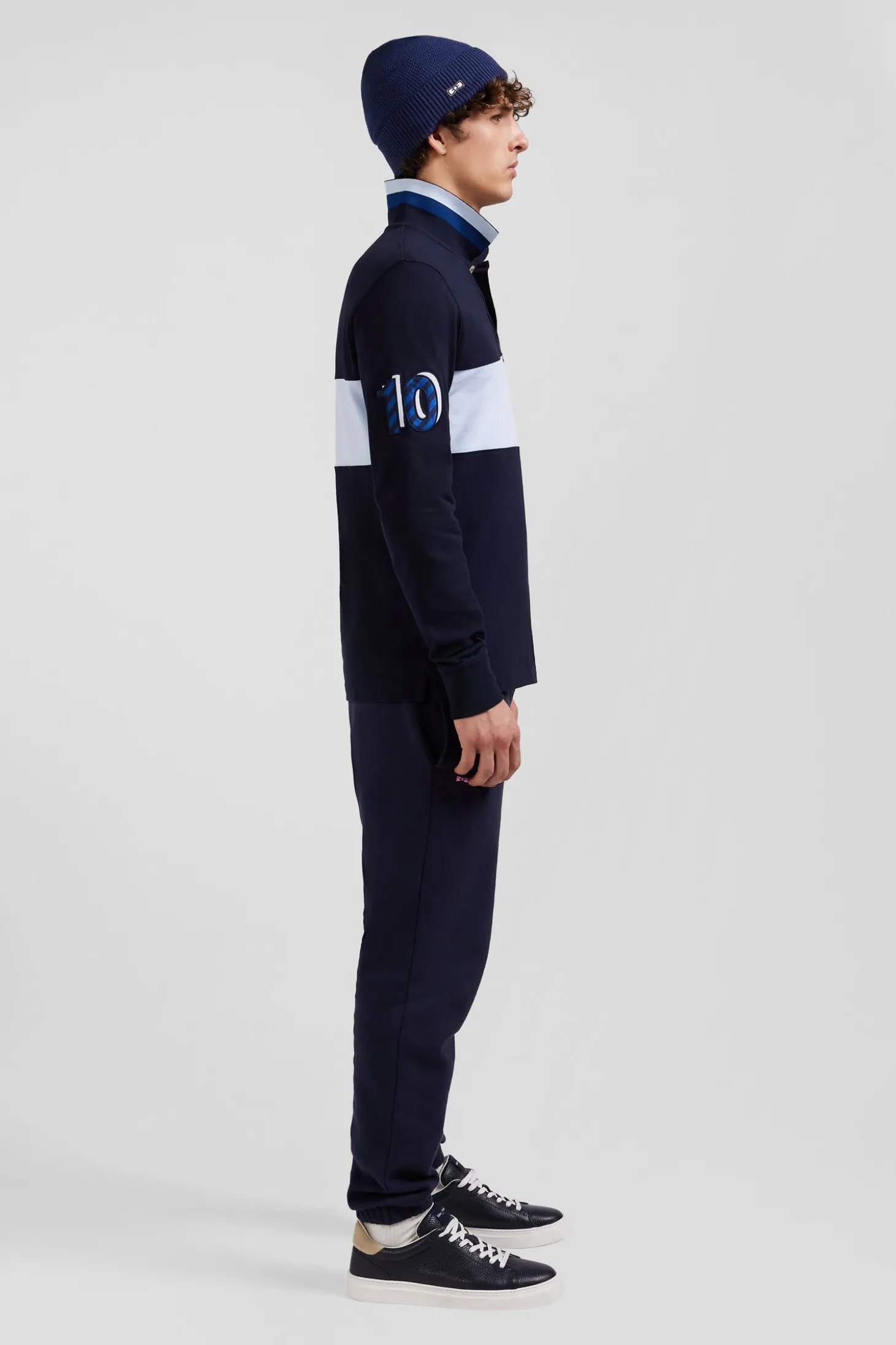 Regular sky blue long-sleeved cotton piqué polo shirt with sleeve embroidery