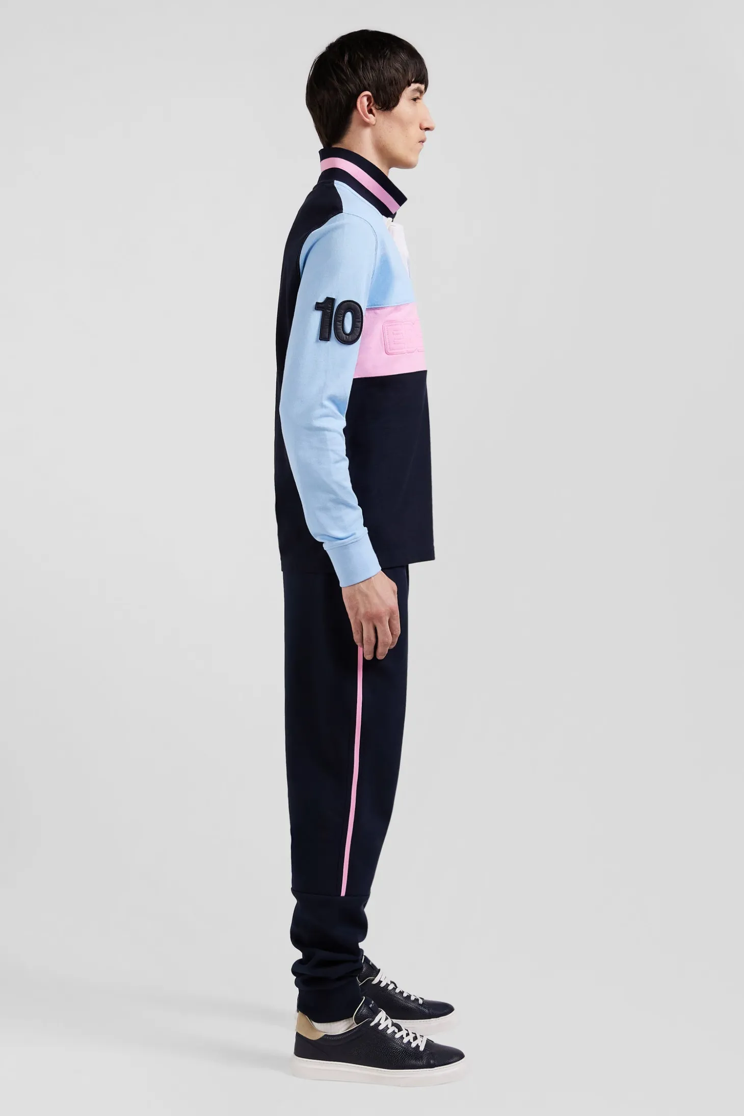 Regular sky blue long-sleeved cotton piqué polo shirt with padded embroidery