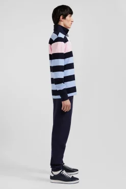 Regular sky blue long-sleeved striped cotton rugby shirt