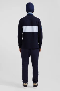 Regular sky blue long-sleeved cotton piqué polo shirt with sleeve embroidery
