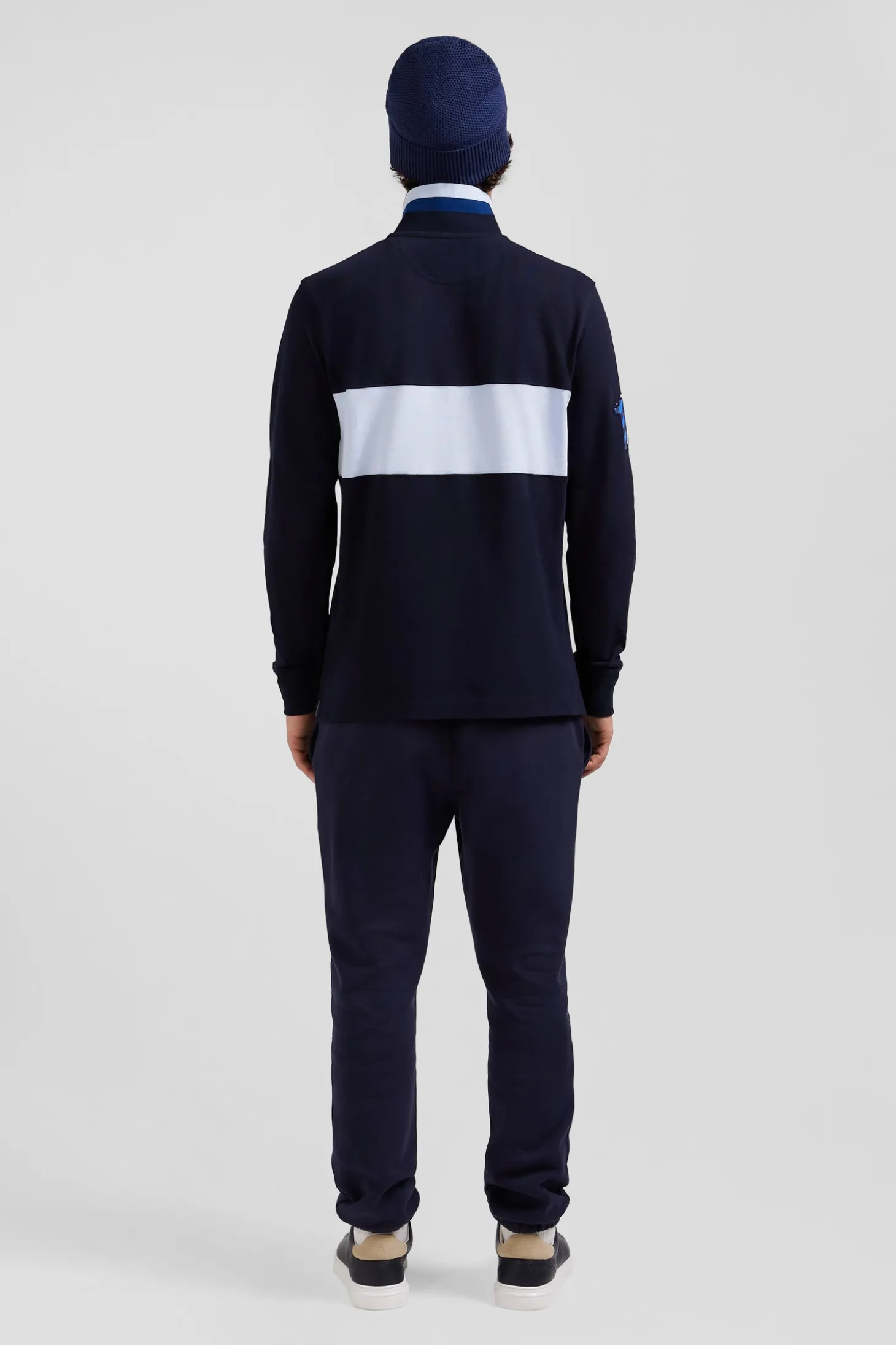 Regular sky blue long-sleeved cotton piqué polo shirt with sleeve embroidery