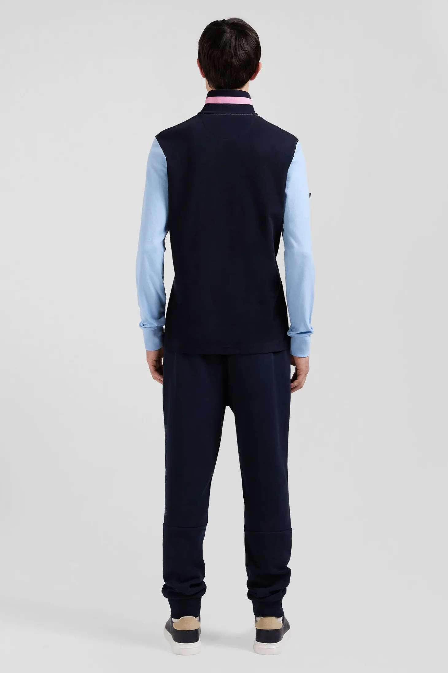 Regular sky blue long-sleeved cotton piqué polo shirt with padded embroidery