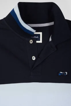 Regular sky blue long-sleeved cotton piqué polo shirt with sleeve embroidery