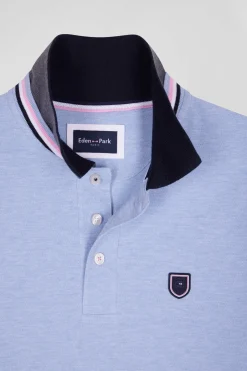Regular sky blue long-sleeved cotton piqué polo shirt with rubber badge