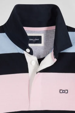 Regular sky blue long-sleeved striped cotton rugby shirt