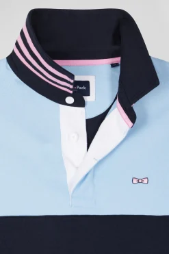 Regular sky blue long-sleeved cotton rugby shirt with sleeve N°10 embroidery